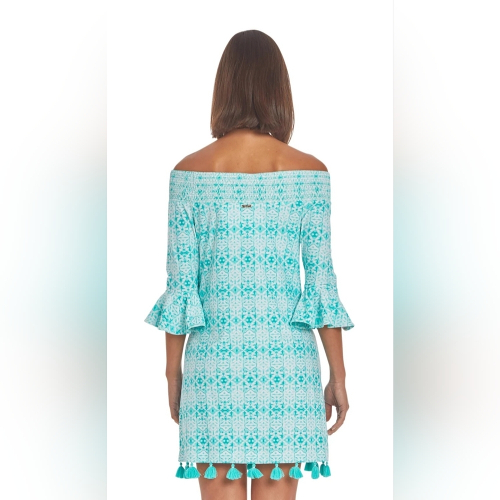 Cabana Life Off-Shoulder Turquoise Tile Print Cover-Up Dress with Tassels - Picture 2 of 10